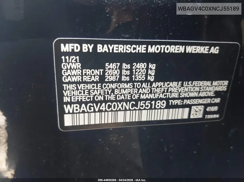 2022 BMW 840 Gran Coupe I xDrive VIN: WBAGV4C0XNCJ55189 Lot: 44950365