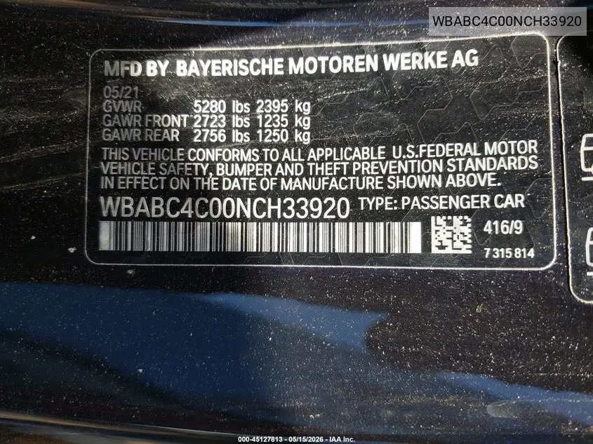 2022 BMW M850I xDrive VIN: WBABC4C00NCH33920 Lot: 45127813