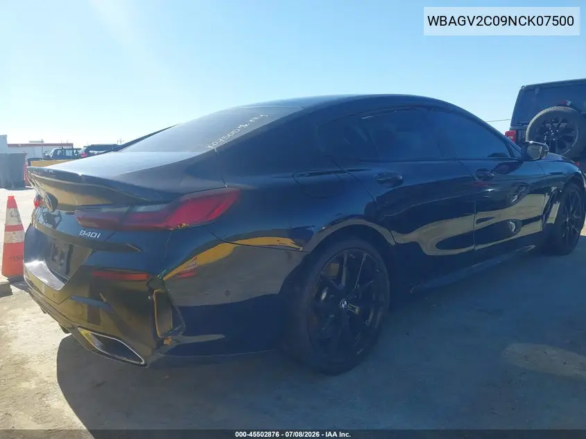 2022 BMW 840 Gran Coupe I VIN: WBAGV2C09NCK07500 Lot: 45502876