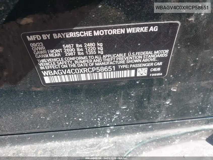 2024 BMW 840I Gran Coupe xDrive VIN: WBAGV4C0XRCP58651 Lot: 44905296