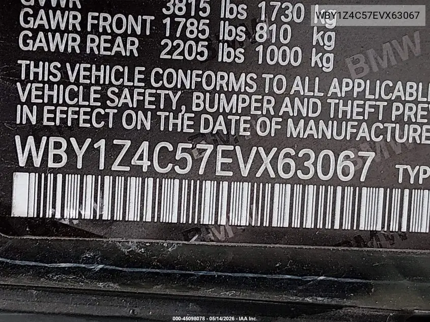 2014 BMW I3 Base W/Range Extender VIN: WBY1Z4C57EVX63067 Lot: 45098078