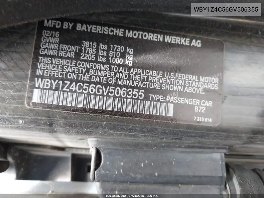 2016 BMW I3 Base W/Range Extender VIN: WBY1Z4C56GV506355 Lot: 45687902