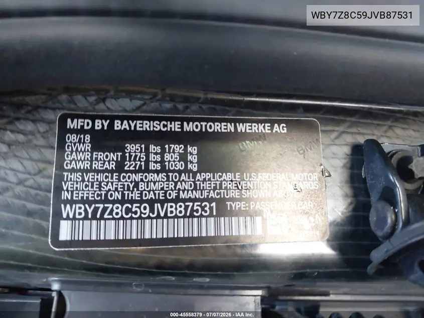 2018 BMW I3S 94Ah W/Range Extender VIN: WBY7Z8C59JVB87531 Lot: 45558379