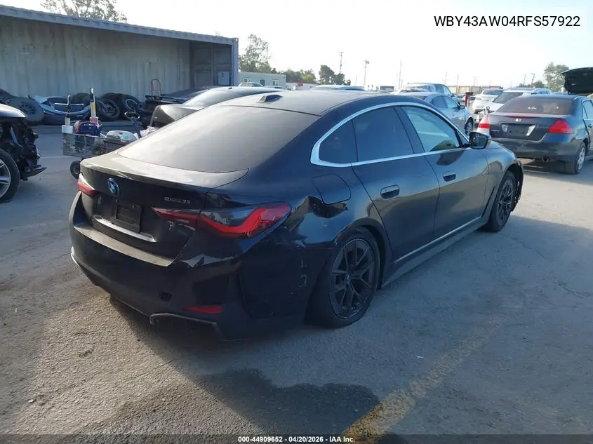 2024 BMW I4 Gran Coupe Edrive35 VIN: WBY43AW04RFS57922 Lot: 44909652