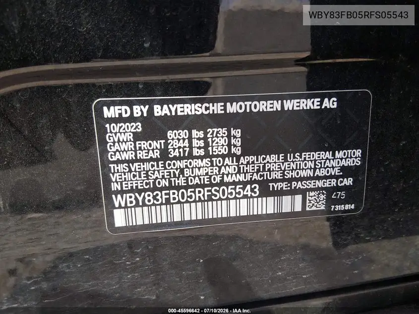 2024 BMW I4 Gran Coupe xDrive40 VIN: WBY83FB05RFS05543 Lot: 45596642
