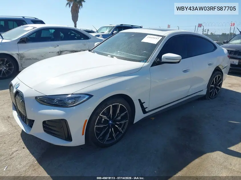 2024 BMW I4 Gran Coupe Edrive35 VIN: WBY43AW03RFS87705 Lot: 45619113