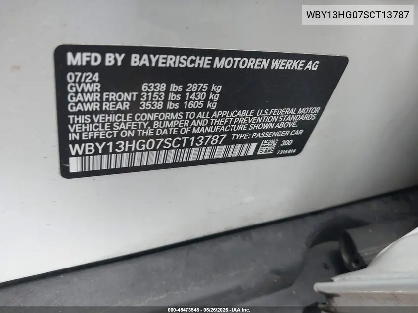 2025 BMW I5 xDrive40 VIN: WBY13HG07SCT13787 Lot: 45473548