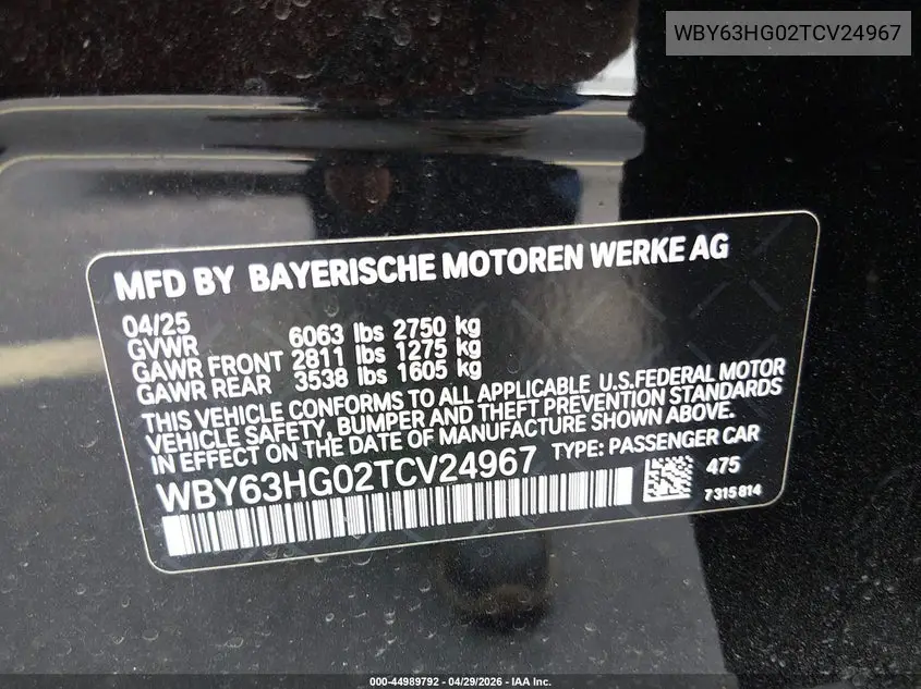 2026 BMW I5 Edrive40 VIN: WBY63HG02TCV24967 Lot: 44989792