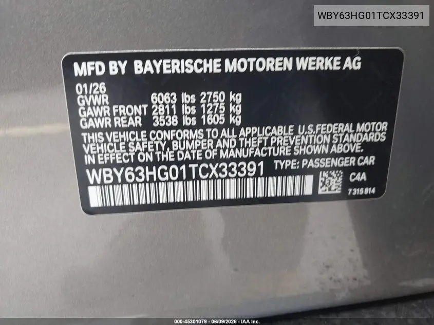 2026 BMW I5 Edrive40 VIN: WBY63HG01TCX33391 Lot: 45301079