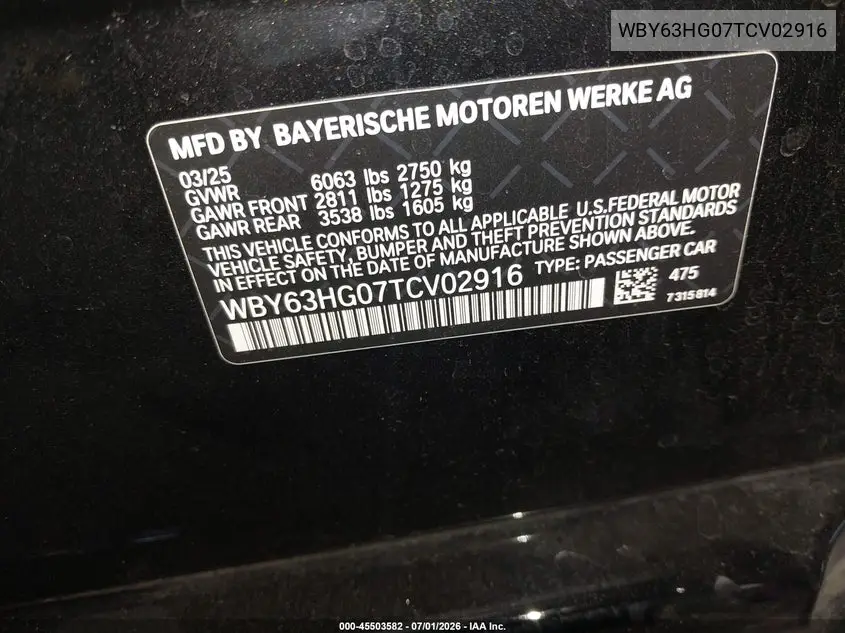 2026 BMW I5 Edrive40 VIN: WBY63HG07TCV02916 Lot: 45503582