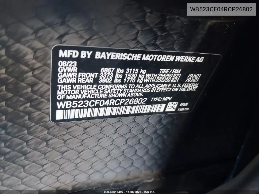 2024 BMW Ix xDrive50 VIN: WB523CF04RCP26802 Lot: 43615497
