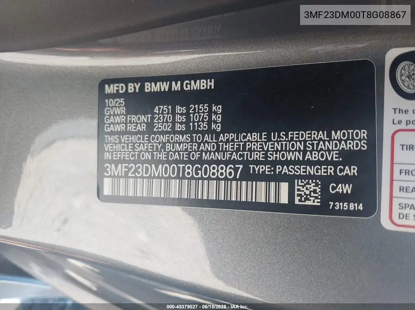 2026 BMW M2 VIN: 3MF23DM00T8G08867 Lot: 45379527
