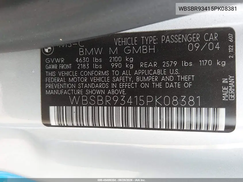 2005 BMW M3 VIN: WBSBR93415PK08381 Lot: 45486384