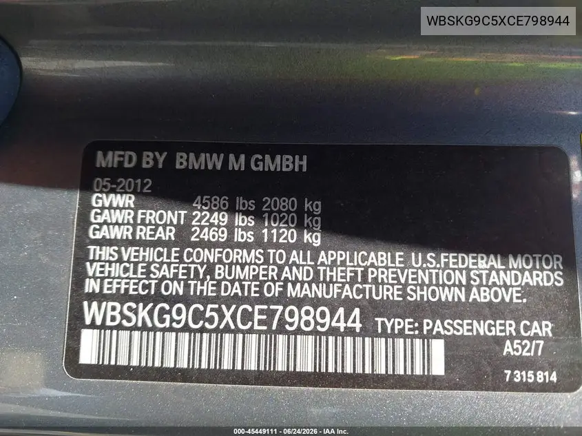 2012 BMW M3 VIN: WBSKG9C5XCE798944 Lot: 45449111