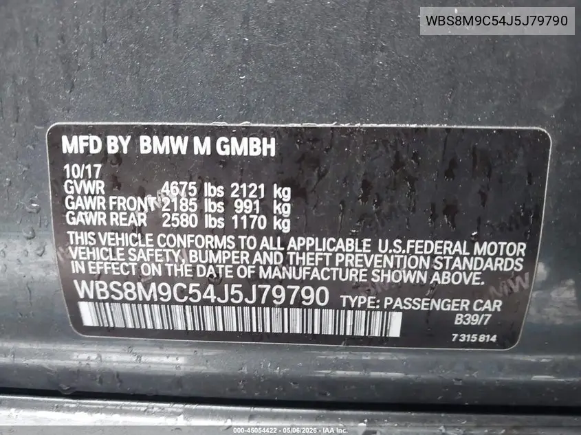 2018 BMW M3 Cs VIN: WBS8M9C54J5J79790 Lot: 45054422