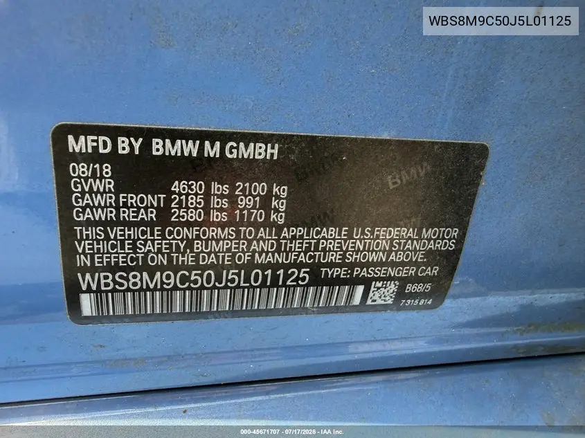 2018 BMW M3 VIN: WBS8M9C50J5L01125 Lot: 45671707