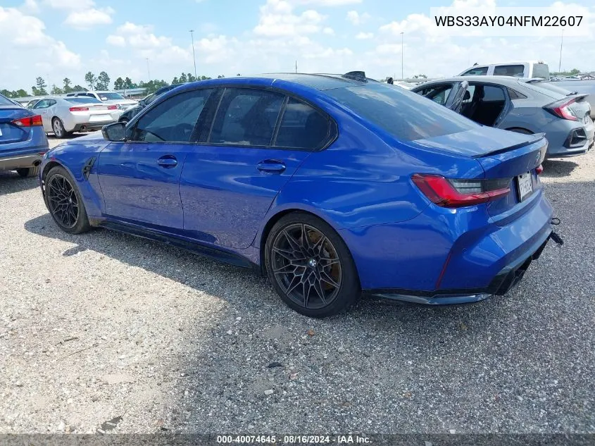 2022 BMW M3 Competition VIN: WBS33AY04NFM22607 Lot: 40074645