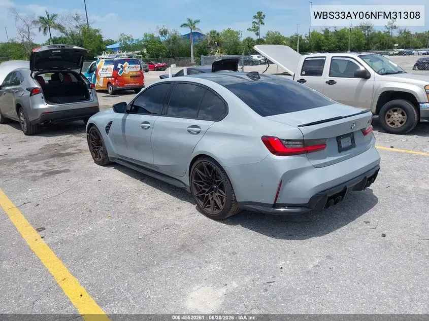 2022 BMW M3 Competition VIN: WBS33AY06NFM31308 Lot: 45520261