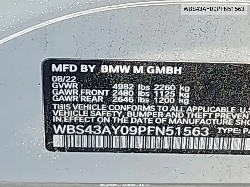 2023 BMW M3 Competition xDrive VIN: WBS43AY09PFN51563 Lot: 45231255