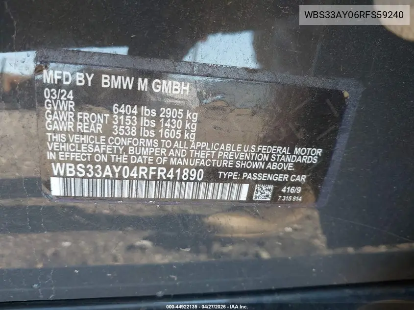 2024 BMW M3 Competition VIN: WBS33AY06RFS59240 Lot: 44922135