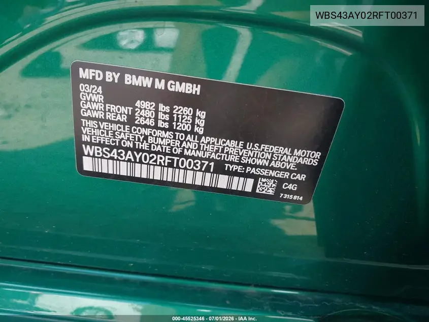 2024 BMW M3 Competition xDrive VIN: WBS43AY02RFT00371 Lot: 45525346
