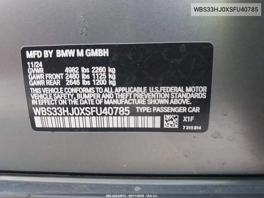 2025 BMW M3 Competition xDrive VIN: WBS33HJ0XSFU40785 Lot: 45342670