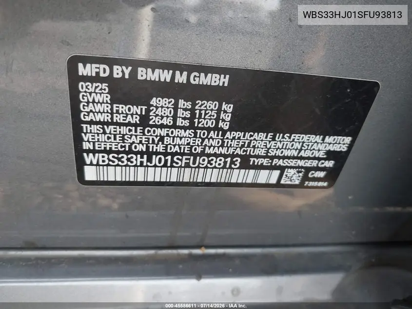 2025 BMW M3 Competition xDrive VIN: WBS33HJ01SFU93813 Lot: 45586611