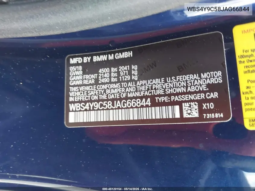 2018 BMW M4 VIN: WBS4Y9C58JAG66844 Lot: 45120154