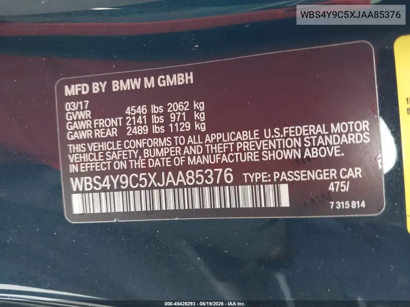 2018 BMW M4 VIN: WBS4Y9C5XJAA85376 Lot: 45426293