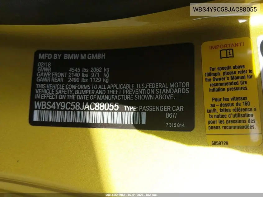 2018 BMW M4 VIN: WBS4Y9C58JAC88055 Lot: 45518965
