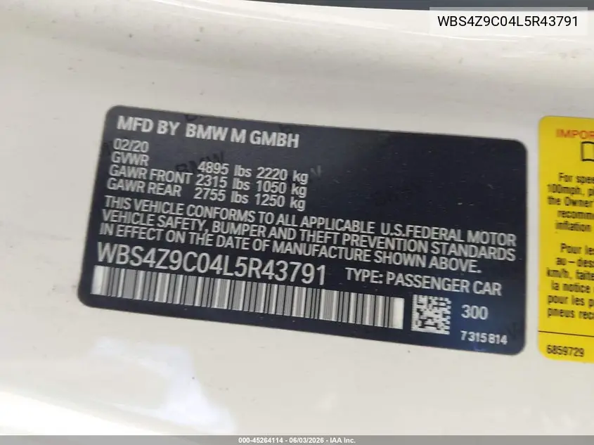 2020 BMW M4 VIN: WBS4Z9C04L5R43791 Lot: 45264114