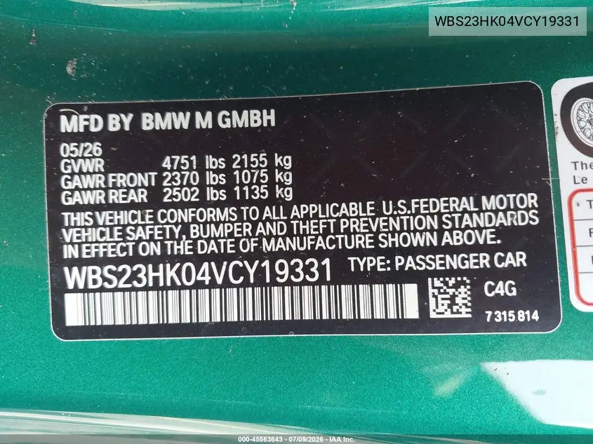 2027 BMW M4 VIN: WBS23HK04VCY19331 Lot: 45563643