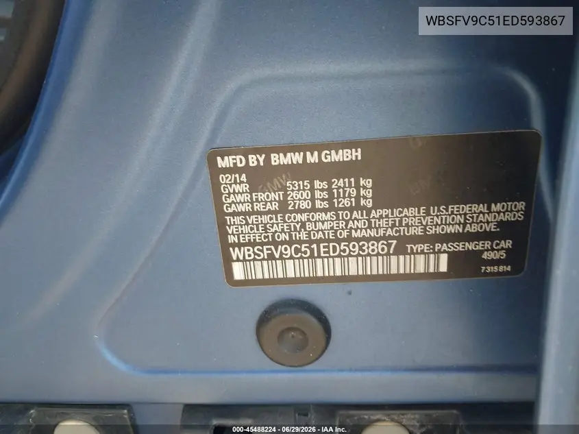 2014 BMW M5 VIN: WBSFV9C51ED593867 Lot: 45488224