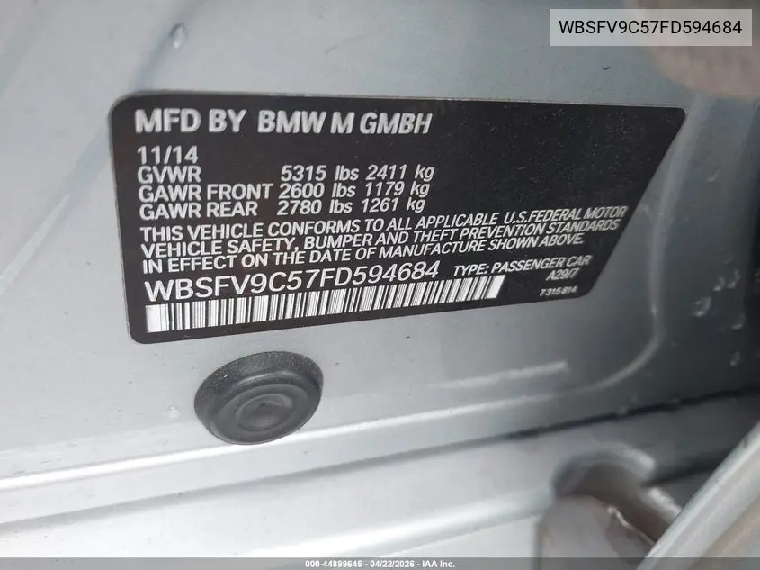 2015 BMW M5 VIN: WBSFV9C57FD594684 Lot: 44899645