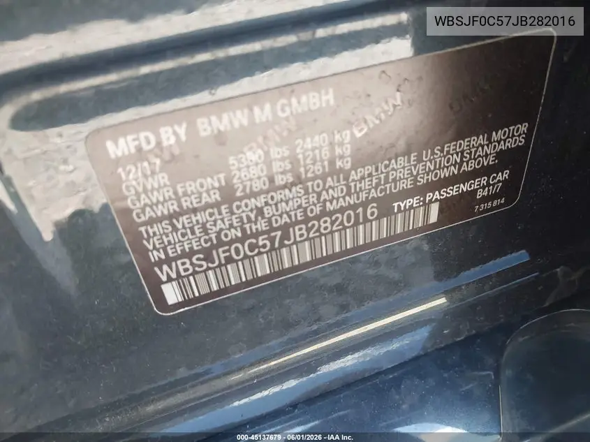 2018 BMW M5 VIN: WBSJF0C57JB282016 Lot: 45137679