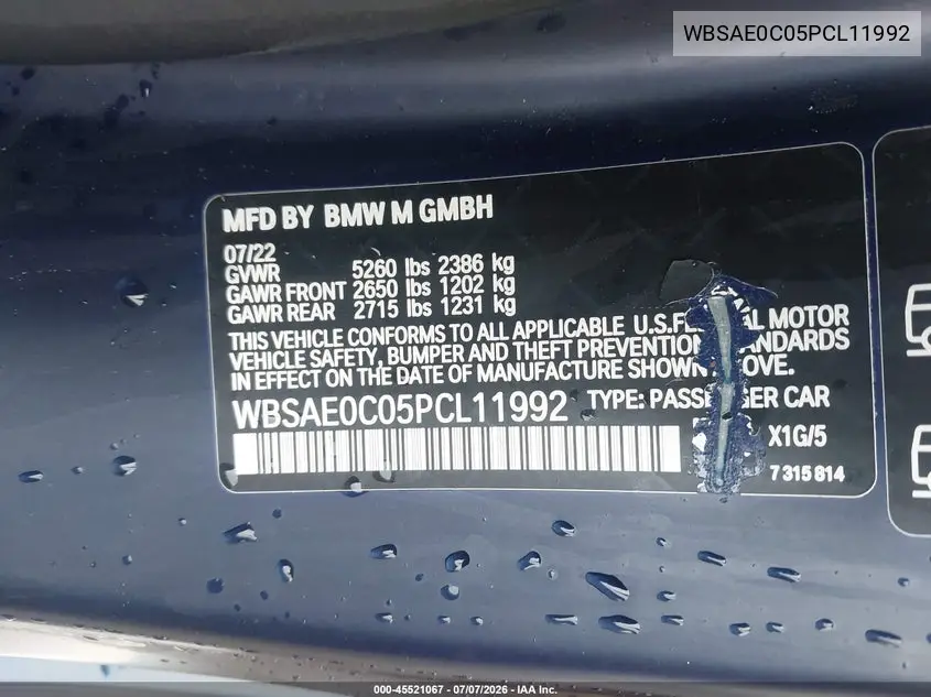 2023 BMW M8 Competition VIN: WBSAE0C05PCL11992 Lot: 45521067