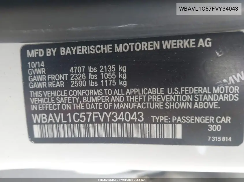 2015 BMW X1 xDrive28I VIN: WBAVL1C57FVY34043 Lot: 45560457