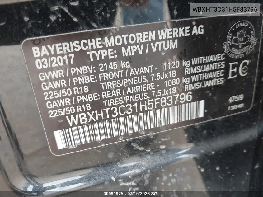 2017 BMW X1 xDrive28I VIN: WBXHT3C31H5F83796 Lot: 30091925
