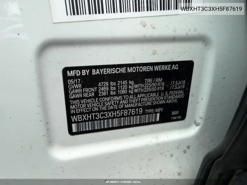 2017 BMW X1 xDrive28I VIN: WBXHT3C3XH5F87619 Lot: 45685912