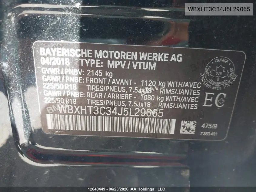 2018 BMW X1 xDrive28I VIN: WBXHT3C34J5L29065 Lot: 12640449