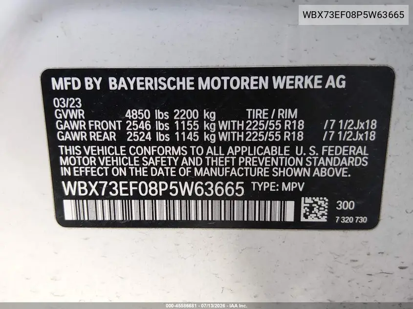 2023 BMW X1 xDrive28I VIN: WBX73EF08P5W63665 Lot: 45586681