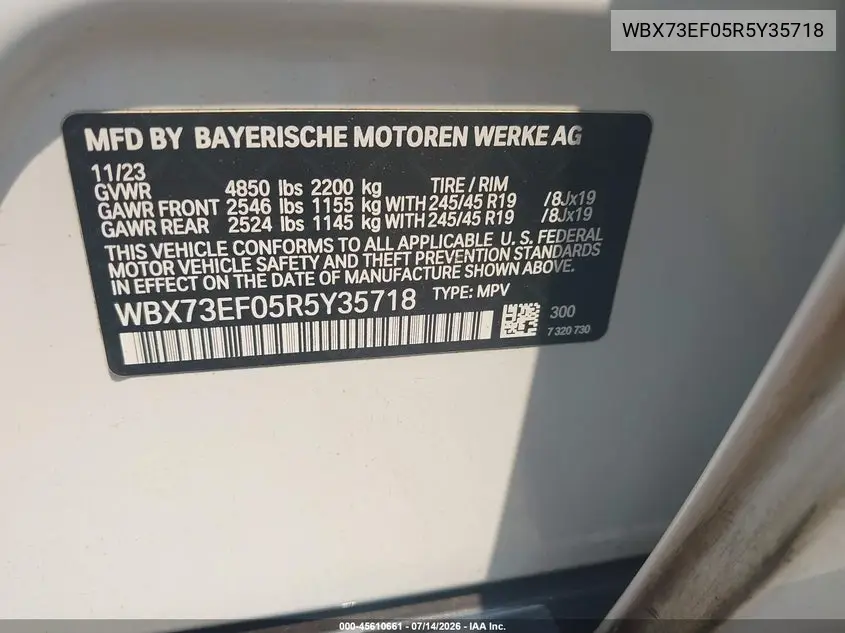 2024 BMW X1 xDrive28I VIN: WBX73EF05R5Y35718 Lot: 45610661