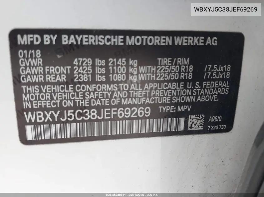 2018 BMW X2 xDrive28I VIN: WBXYJ5C38JEF69269 Lot: 45039511