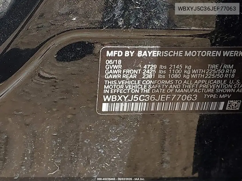 2018 BMW X2 xDrive28I VIN: WBXYJ5C36JEF77063 Lot: 45226465