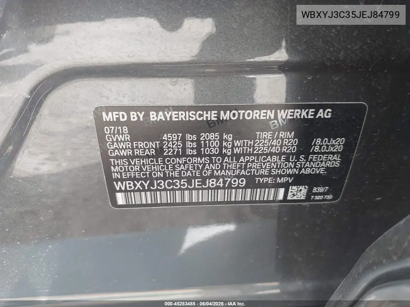 2018 BMW X2 Sdrive28I VIN: WBXYJ3C35JEJ84799 Lot: 45283485