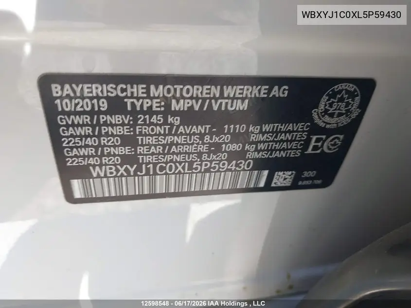2020 BMW X2 X2 VIN: WBXYJ1C0XL5P59430 Lot: 12598548