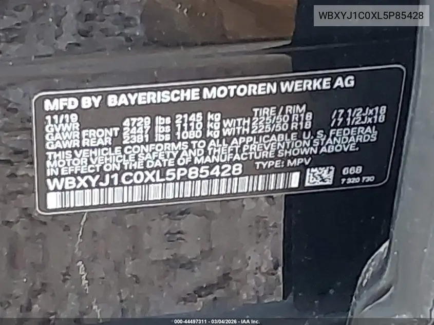 2020 BMW X2 xDrive28I VIN: WBXYJ1C0XL5P85428 Lot: 44497311