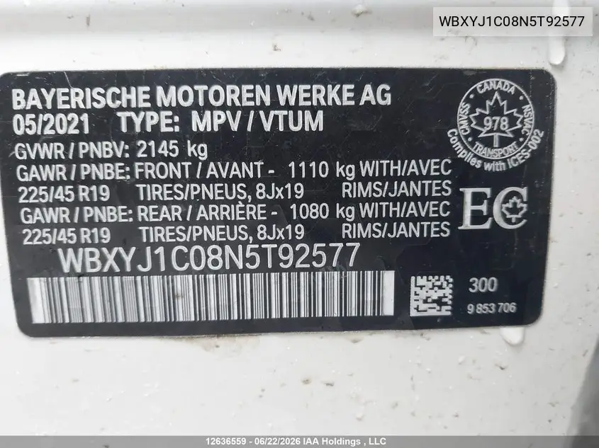 2022 BMW X2 xDrive28I VIN: WBXYJ1C08N5T92577 Lot: 12636559