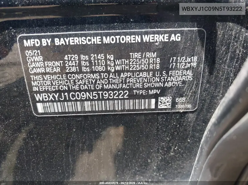2022 BMW X2 xDrive28I VIN: WBXYJ1C09N5T93222 Lot: 45332579