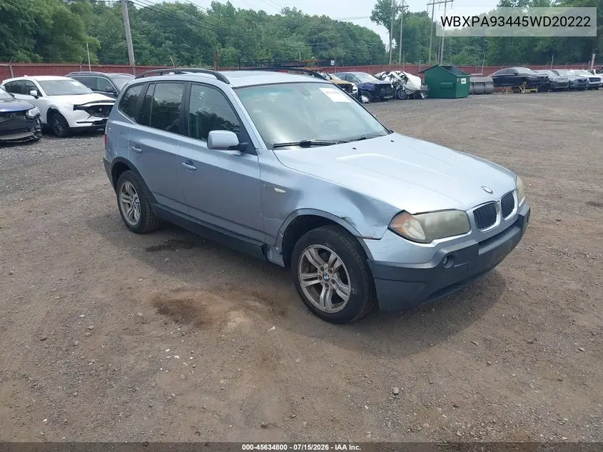2005 BMW X3 3.0I VIN: WBXPA93445WD20222 Lot: 45634800